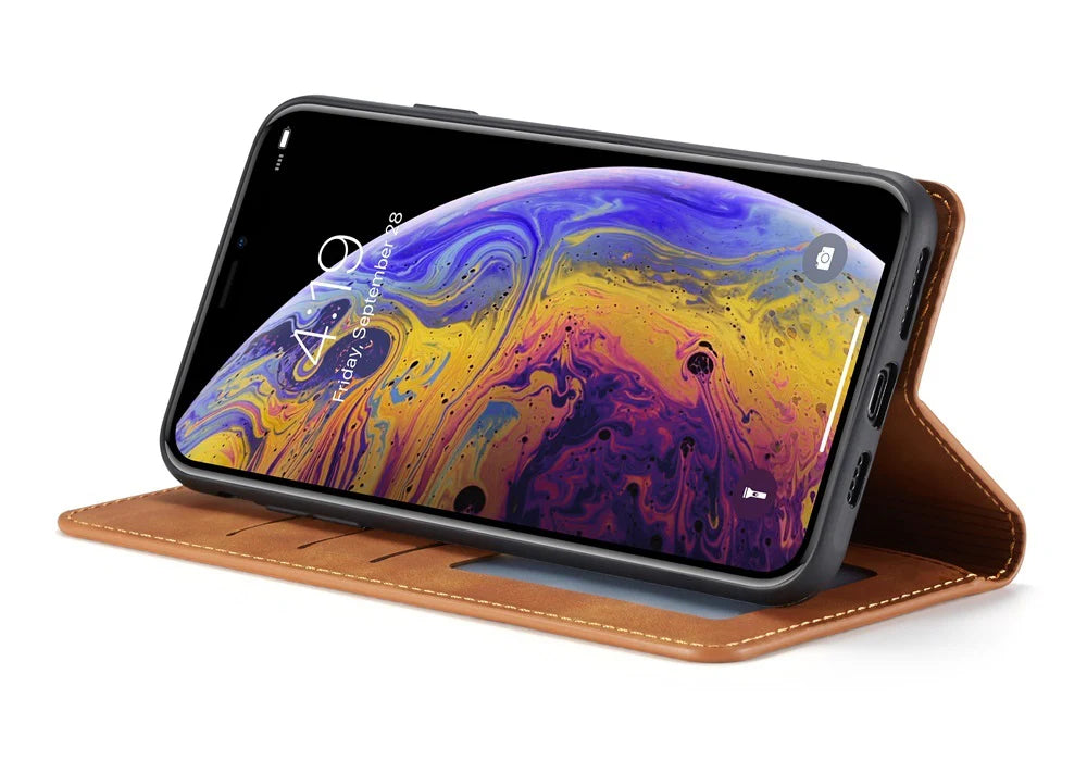 Ultra-Slim iPhone Leather Flip Wallet Case — Magnetic Suede Cover with Card Slots, Cash Pocket, Stand Function, Lightweight Full Body Protective Design