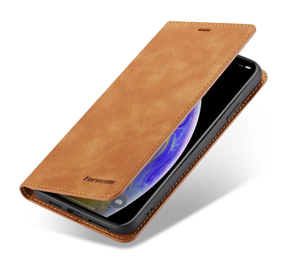 Ultra-Slim iPhone Leather Flip Wallet Case — Magnetic Suede Cover with Card Slots, Cash Pocket, Stand Function, Lightweight Full Body Protective Design