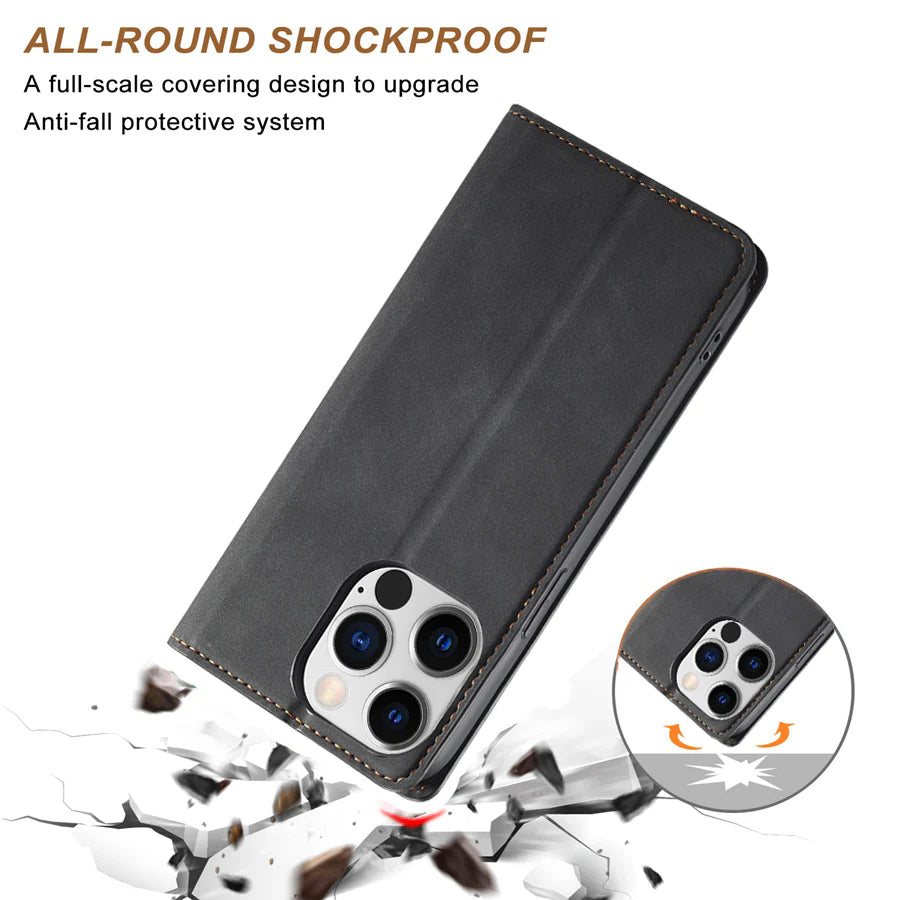 Ultra-Slim iPhone Leather Flip Wallet Case — Magnetic Suede Cover with Card Slots, Cash Pocket, Stand Function, Lightweight Full Body Protective Design