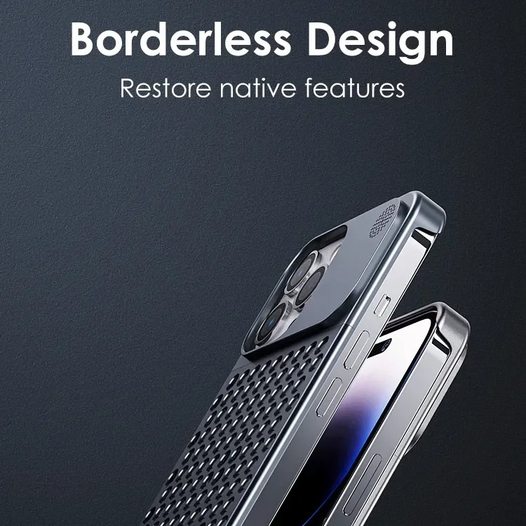 Premium iPhone Metal Heat Dissipation Case — Hollow Aluminum Alloy Shockproof Cover, Rimless Cooling Design with Fragrance Feature, Anti-Fingerprint Scratch-Resistant