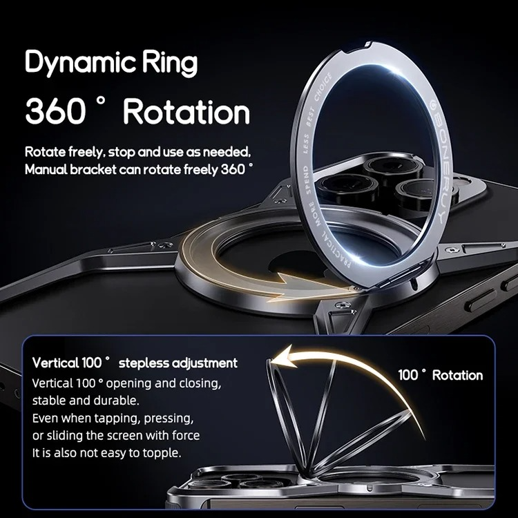 Rugged iPhone Case 360° X-Shaped Mechanical Design — Aluminum Magnetic Frameless Cover with Stand, Noctilucent Finish, Heavy Duty Shockproof Scratch-Resistant Protection