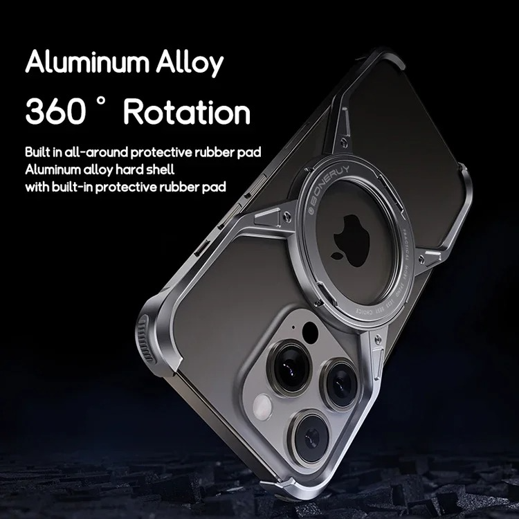 Rugged iPhone Case 360° X-Shaped Mechanical Design — Aluminum Magnetic Frameless Cover with Stand, Noctilucent Finish, Heavy Duty Shockproof Scratch-Resistant Protection