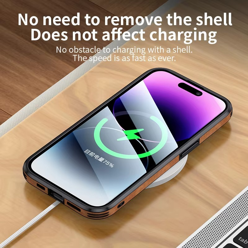 Luxury iPhone Leather Bumper Case with Lens Protection — Shockproof Full Coverage Design, Magnetic Wireless Charging Compatible, Anti-Fingerprint Scratch-Resistant Finish