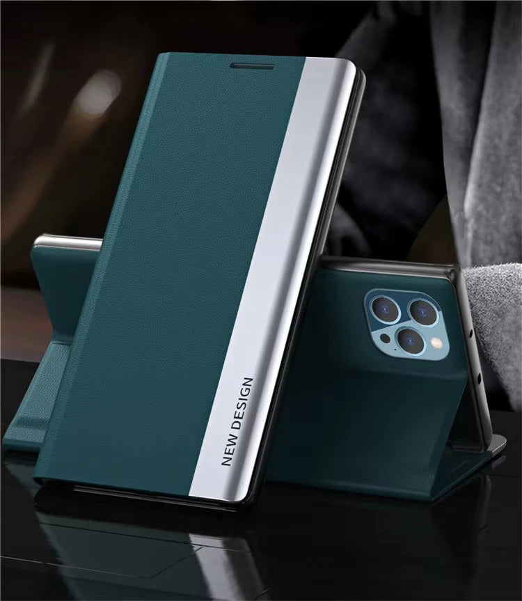 Luxury iPhone Leather Flip Case with Stand — Plating Book-Style Cover, Kickstand Holder, Shockproof Protection, Anti-Fingerprint Matte Finish