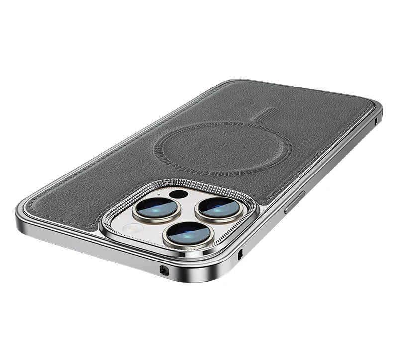 Luxury iPhone Case MagSafe Compatible Leather Back Cover — Aluminum Alloy Metal Frame, Shockproof Design, Magnetic Wireless Charging, Premium Finish