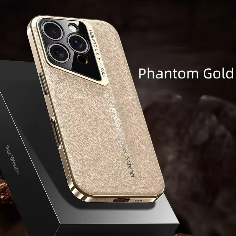Luxury iPhone Case MagSafe Compatible Camera Lens Protection — Vegan PU Leather Cover, Electroplated Metal Frame, Slim Drop-Proof Business Style