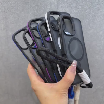 Luxury Dual-Color Magnetic iPhone Case — Magsafe Compatible Half-Wrapped Cover with Wrist Strap, Shockproof, Anti-Fingerprint, Non-Slip, Matte Finish